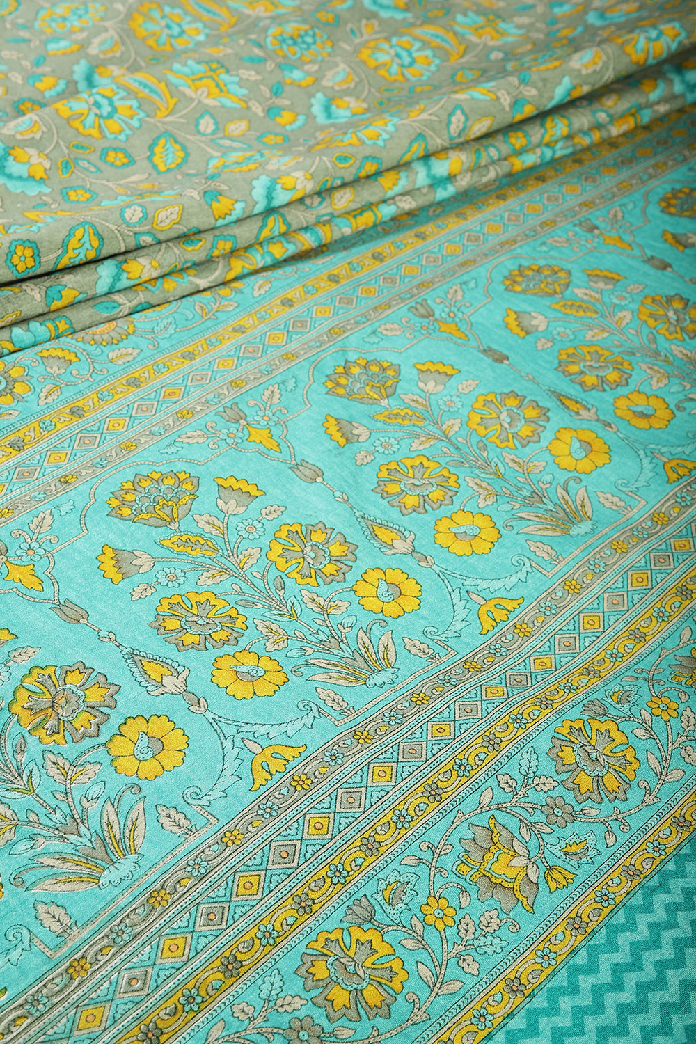 Grey & Teal Color Floral Printed Tussar Silk Saree