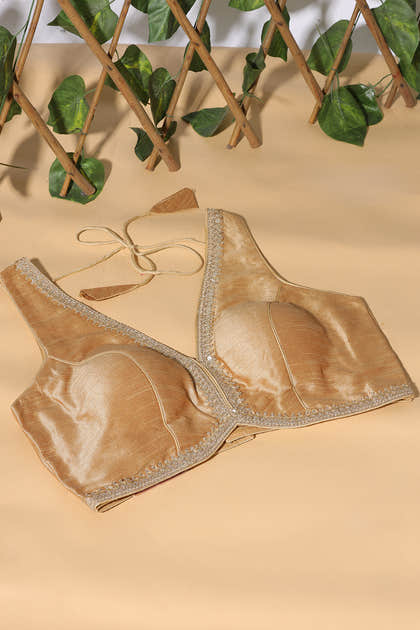 Beige Tussar Silk Zari And Sequins Embroidered Readymade Blouse