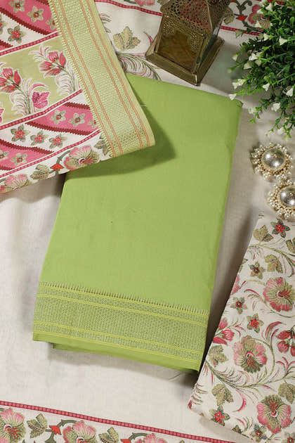 Green Cotton Unstitched Suit Material With Floral Printed Dupatta & Salwar Set