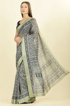 Navy Ajrakh Block Printed Cotton Saree