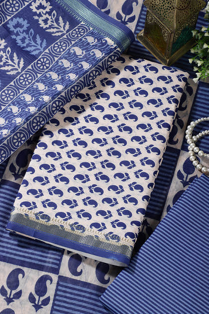 Cream & Navy Cotton Dabu Block Print Unstitched Suit Material