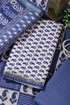 Cream & Navy Cotton Dabu Block Print Unstitched Suit Material