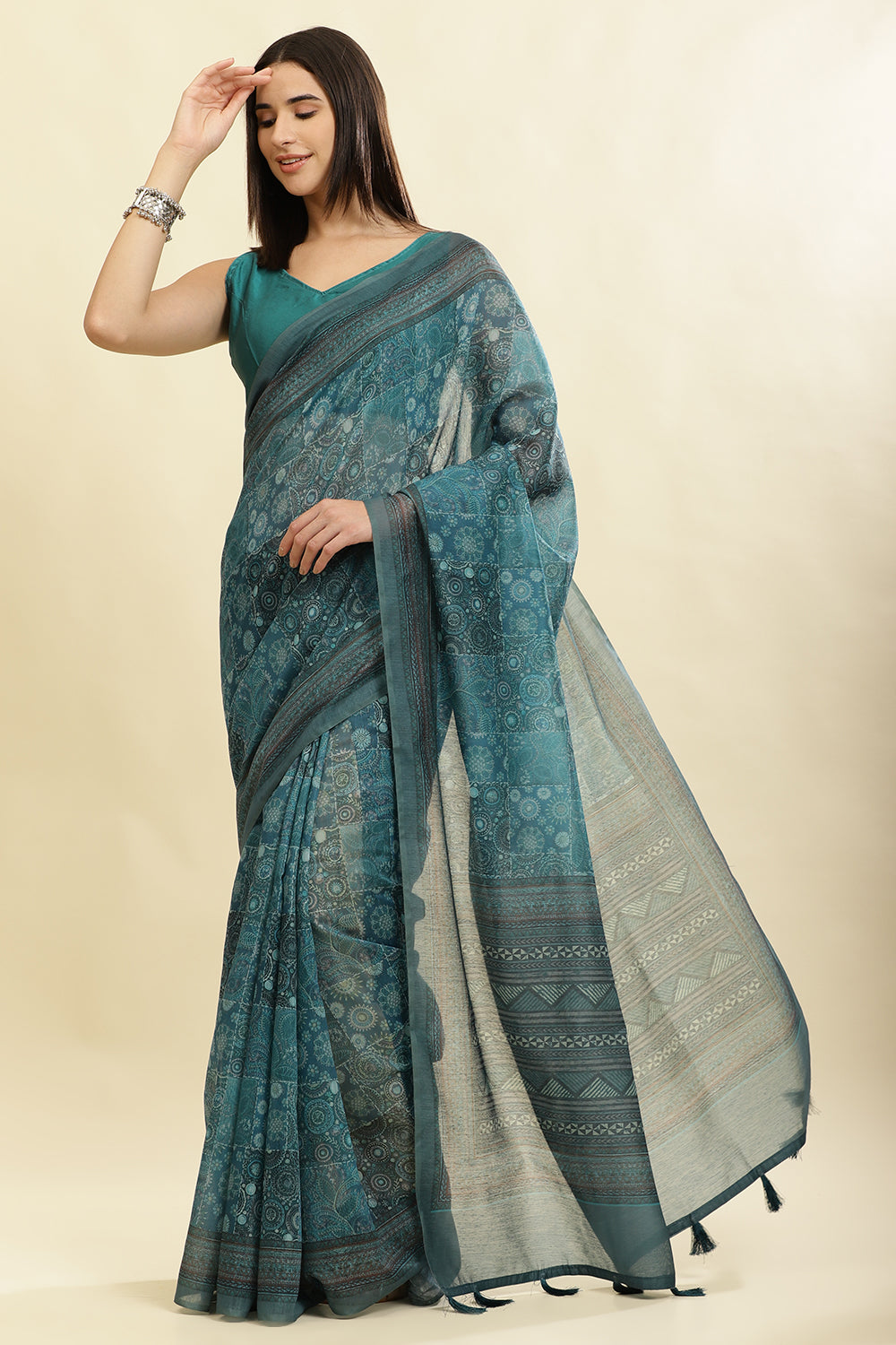 Teal Blue Cotton Silk Printed Saree