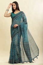 Teal Blue Cotton Silk Printed Saree