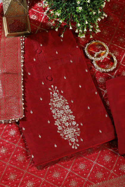 Maroon Chanderi Silk Gota-Patti Embroidered Unstitched Suit Fabric With Banarsi Woven Dupatta