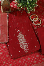 Maroon Chanderi Silk Gota-Patti Embroidered Unstitched Suit Fabric With Banarsi Woven Dupatta