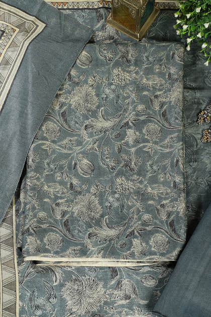 Blue Floral Printed Spun Unstitched Suit Material