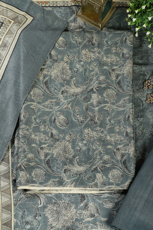 Blue Floral Printed Spun Unstitched Suit Material