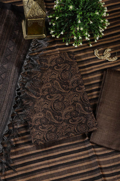 Pale Brown & Black Digital Printed Chanderi Cotton Unstiched Suit Material