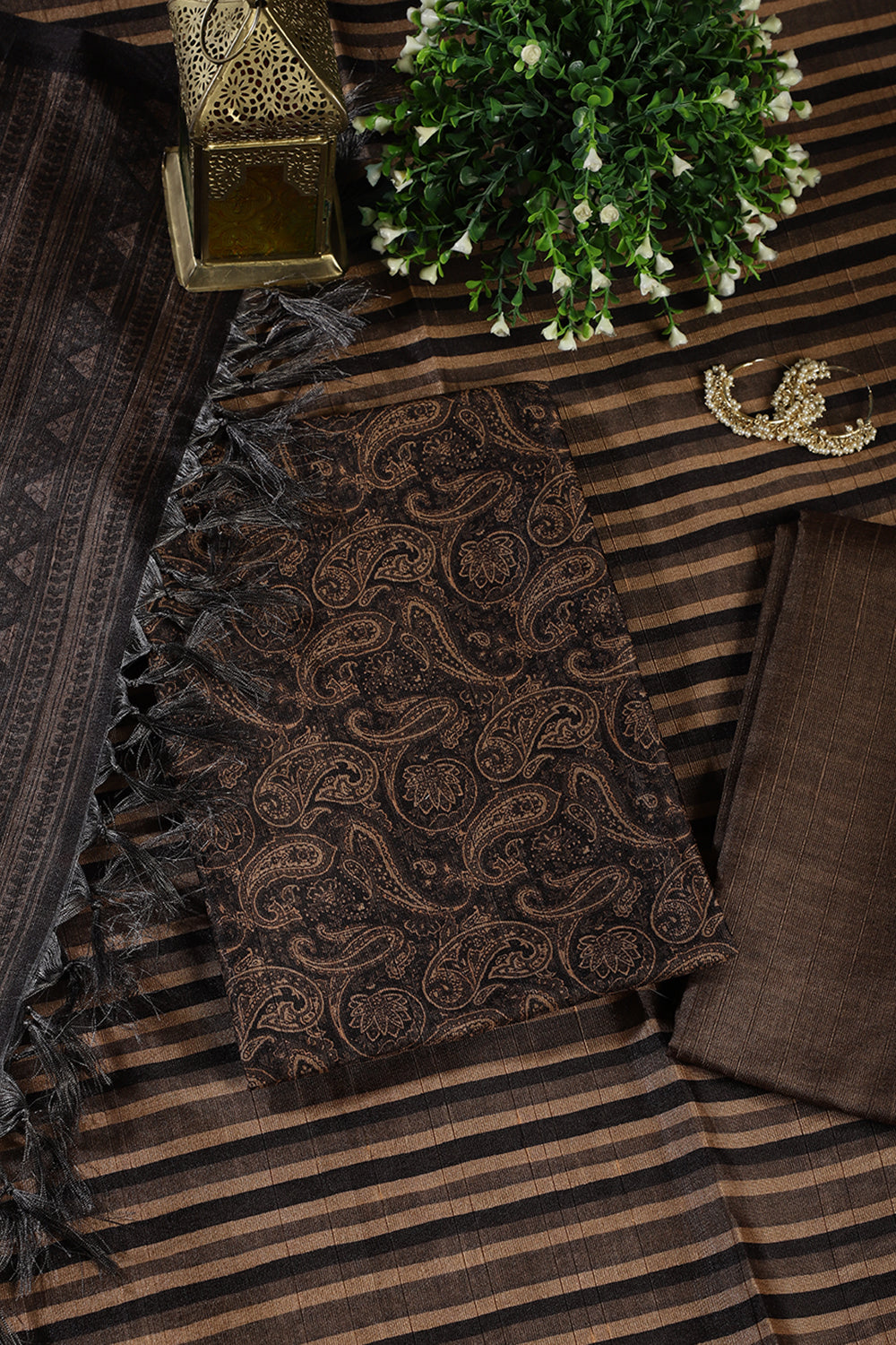 Pale Brown & Black Digital Printed Chanderi Cotton Unstiched Suit Material