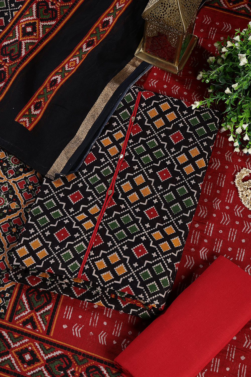 Black Printed Ikkat Cotton Unstitched Suit Material