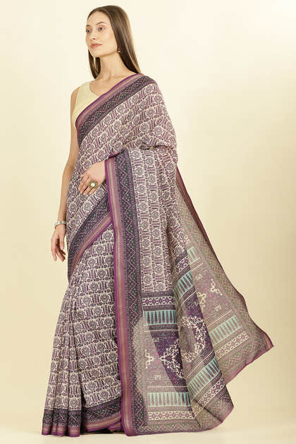 Purple Ajrakh Block Printed Cotton Saree