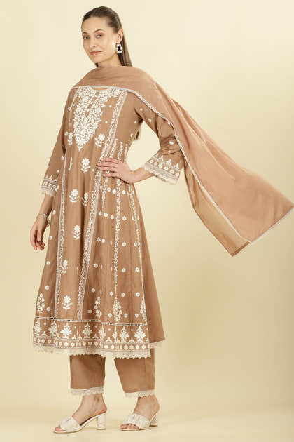 Light Brown Cotton Resham Floral Embroidered Anarkali Suit Set