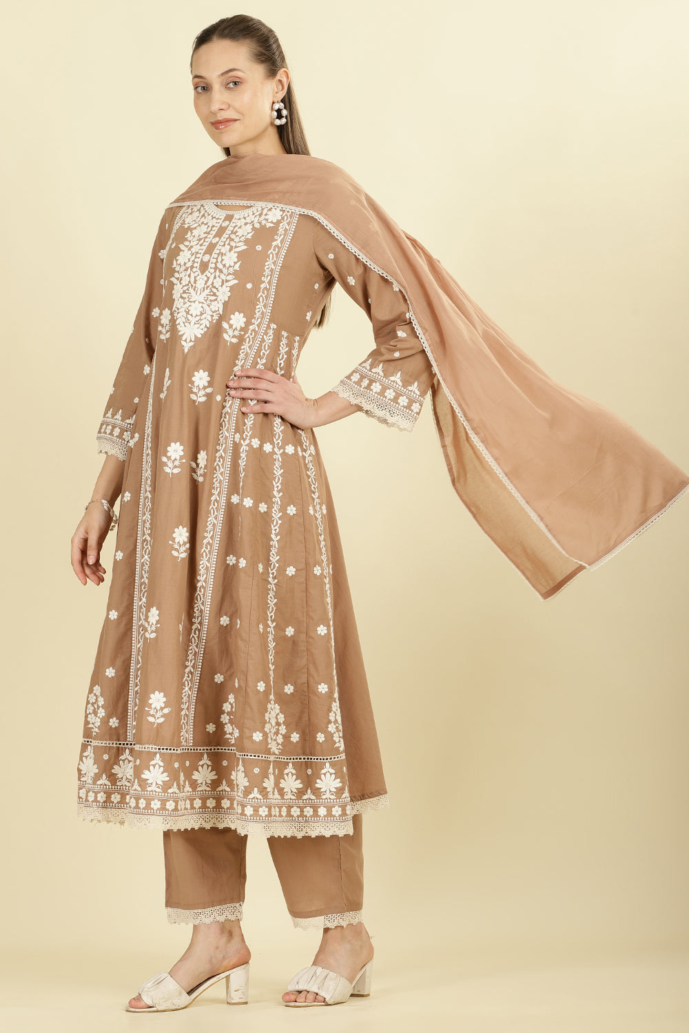 Light Brown Cotton Resham Floral Embroidered Anarkali Suit Set