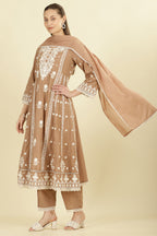 Light Brown Cotton Resham Floral Embroidered Anarkali Suit Set