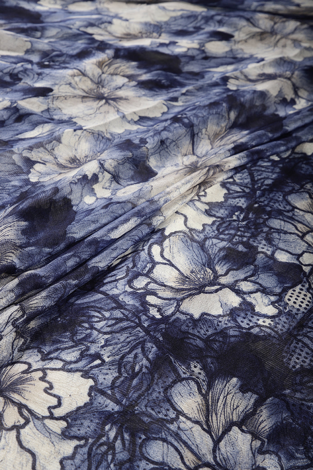 Navy Color Chiffon Floral Printed Saree