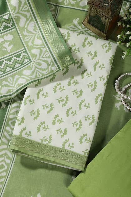 Light Green Floral Block Print Cotton Unstitched Suit Fabric