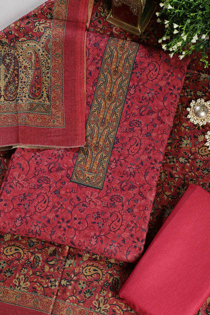 Cranberry Color Pashmina Digital Printed Unstitched Suit Fabric