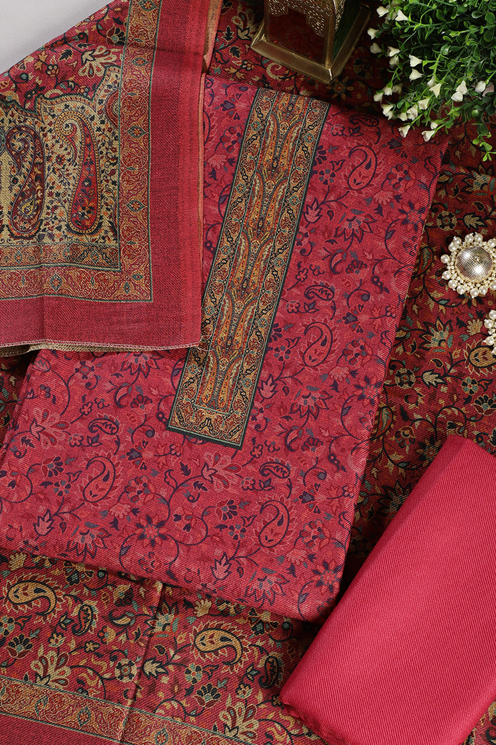 Cranberry Color Pashmina Digital Printed Unstitched Suit Fabric