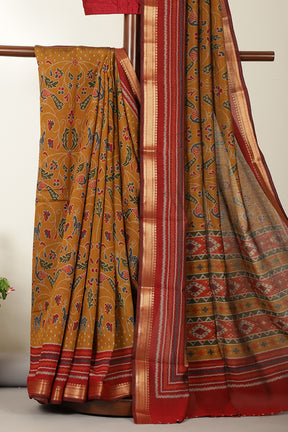 Mustard Kalamkari Printed Cotton Saree