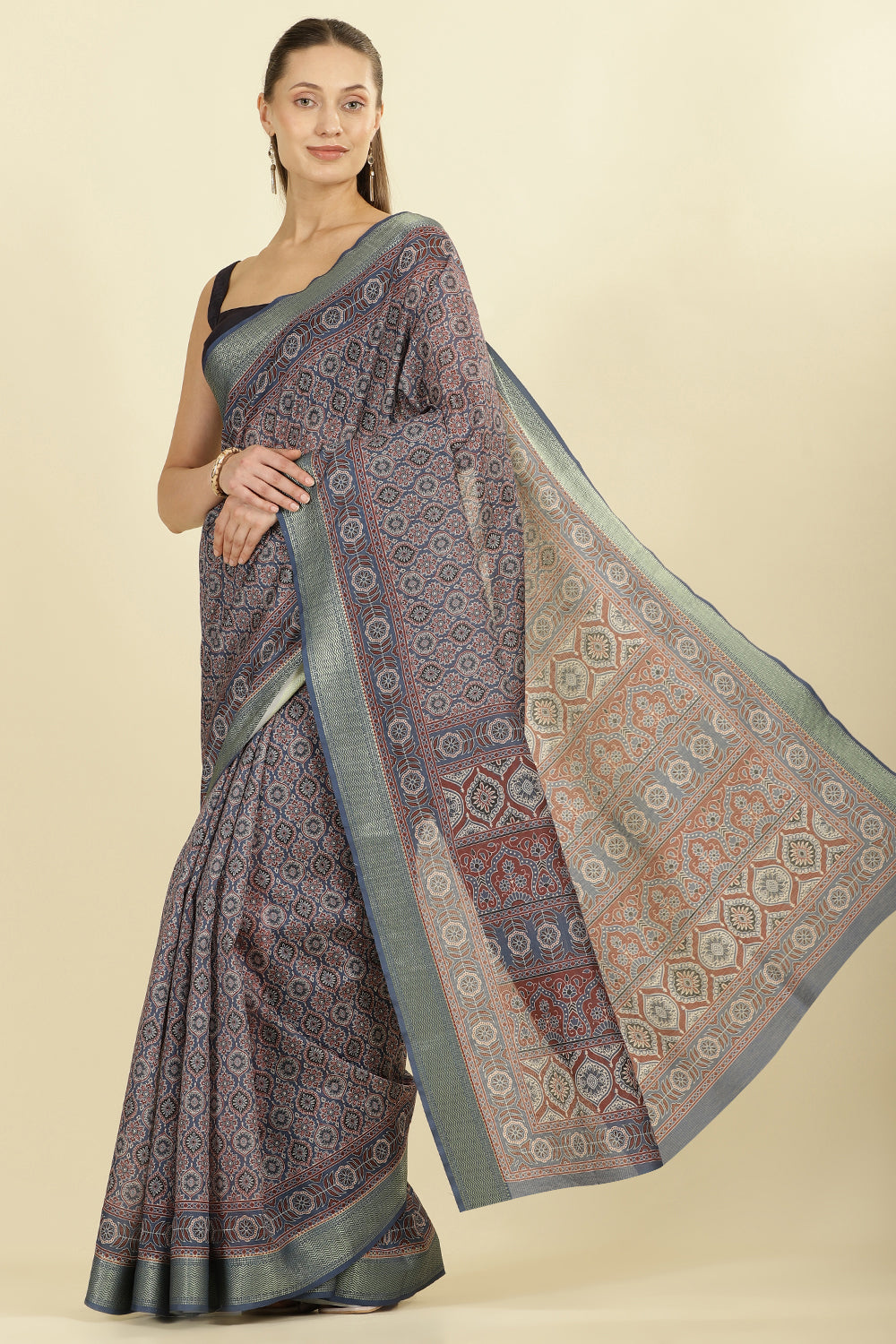 Blue Ajrakh Block Printed Cotton Saree