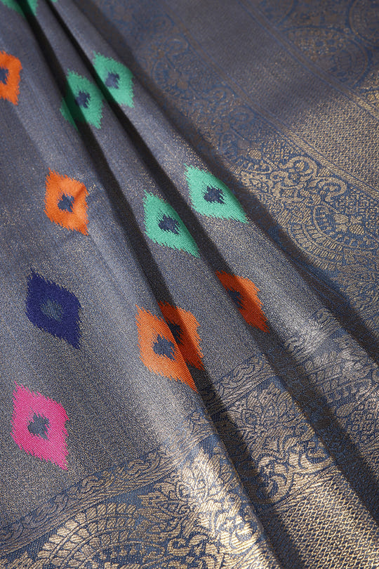 Greyish Blue Color Silk Resham and Zari Woven Saree