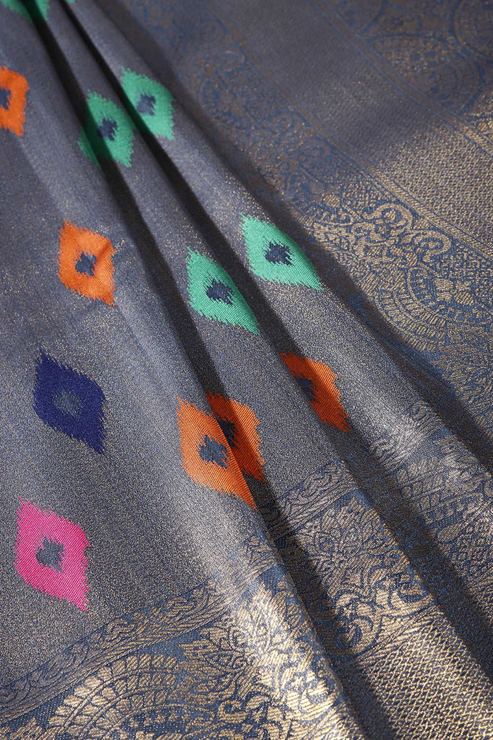 Greyish Blue Color Silk Resham and Zari Woven Saree