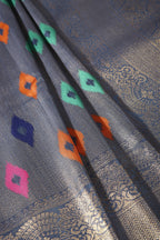 Greyish Blue Color Silk Resham and Zari Woven Saree