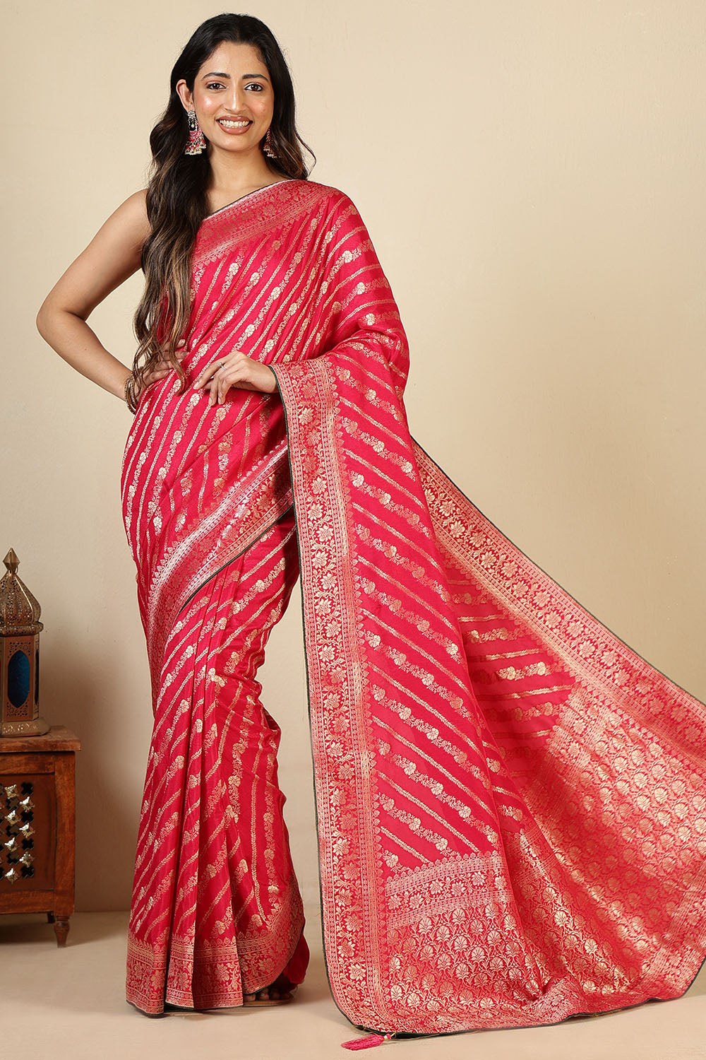 Rani Color Banarasi Woven Tussar Silk Saree