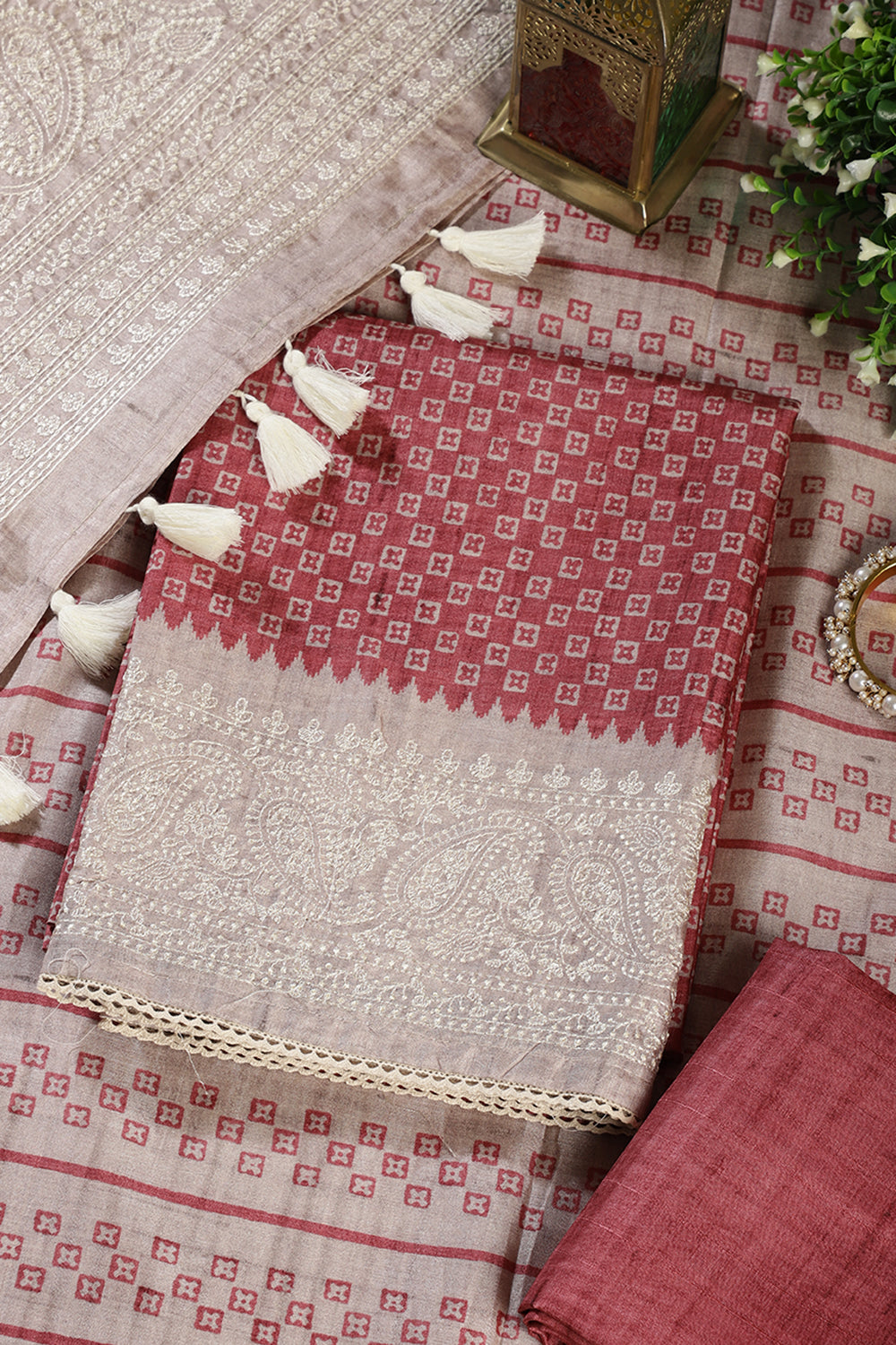 Copper Rust Tussar Cotton Printed And Reham Embroidered Unstiched Suit Material