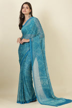 Teal Blue Georgette Bandhani Printed Saree