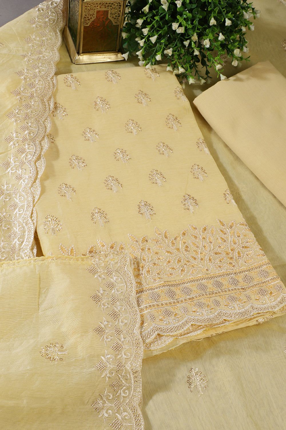 Pale Yellow Chanderi Silk Embroidered Unstitched Suit Material