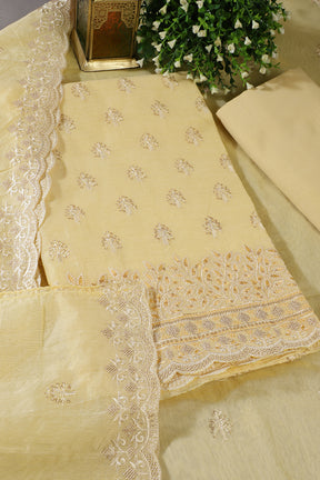 Pale Yellow Chanderi Silk Embroidered Unstitched Suit Material