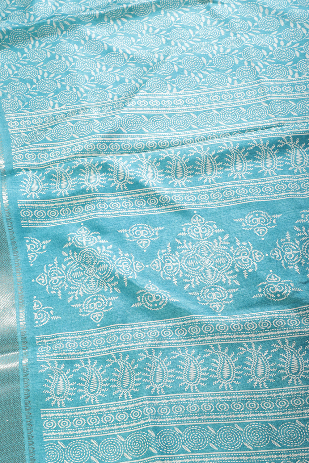 Turquoise Colour Printed & Woven Cotton Silk Saree