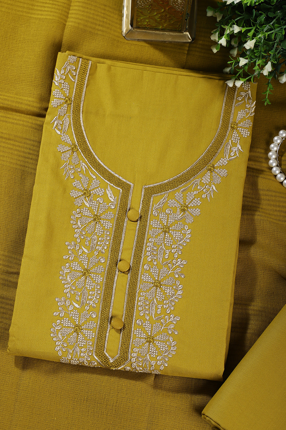 Brass Color Cotton Resham Embroidered Unstitched Suit