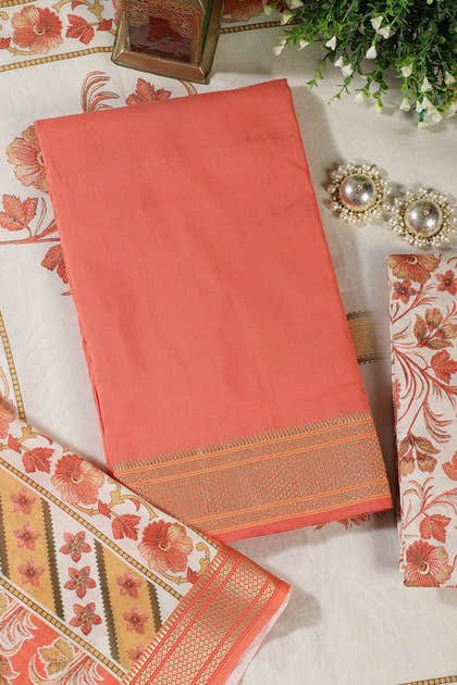Peach Cotton Unstitched Suit Material With Floral Printed Dupatta & Salwar
