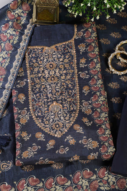 Navy Muslin Printed Unstitched Suit Fabric