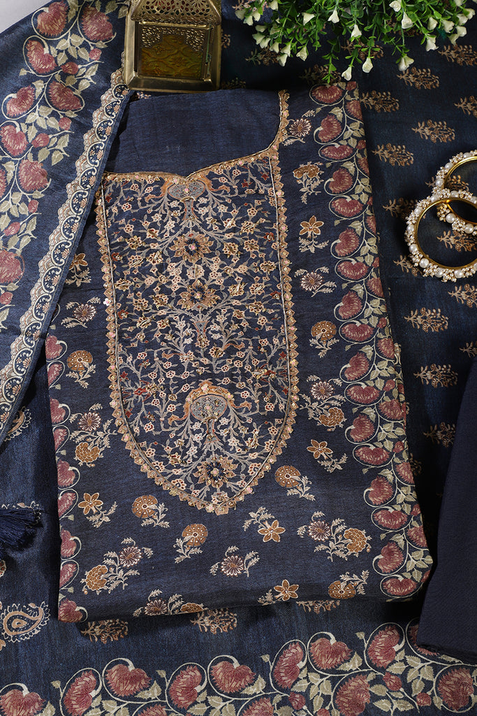 Navy Muslin Printed Unstitched Suit Fabric