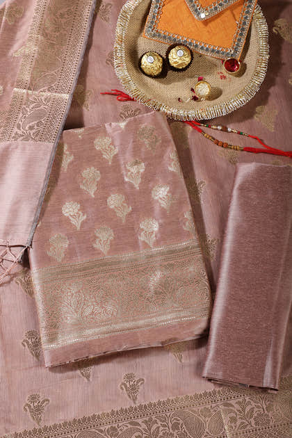 Dusty Peach Silk Zari Woven Unstitched Suit Material