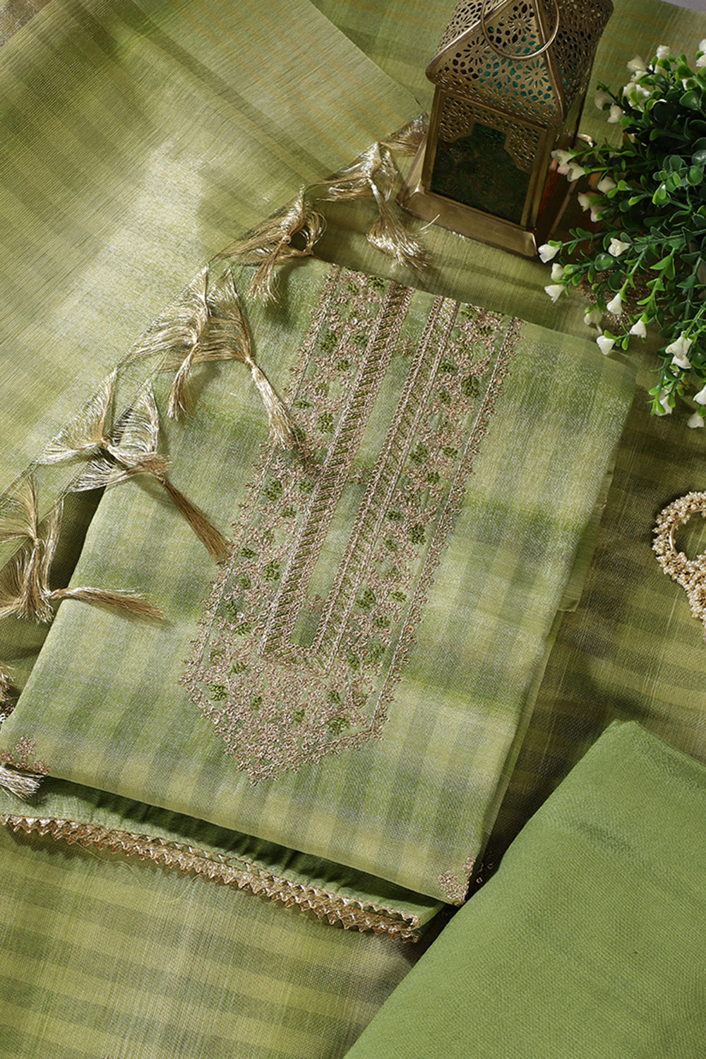 Green Tissue Silk Zari And Resham Embroidered Unstitched Suit Material