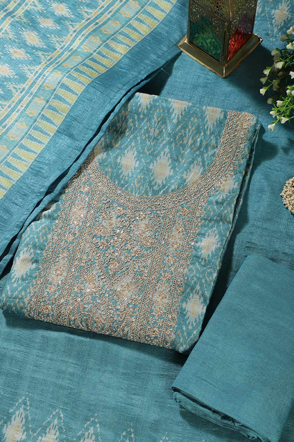 Turquoise Chanderi Silk Neck Embroidered Unstitched Suit Material