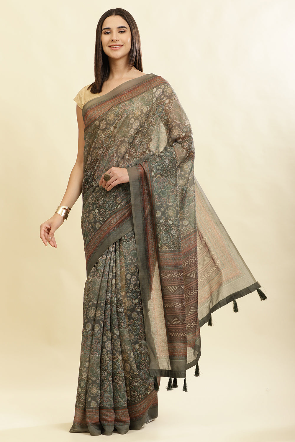 Sage Green Cotton Silk Printed Saree