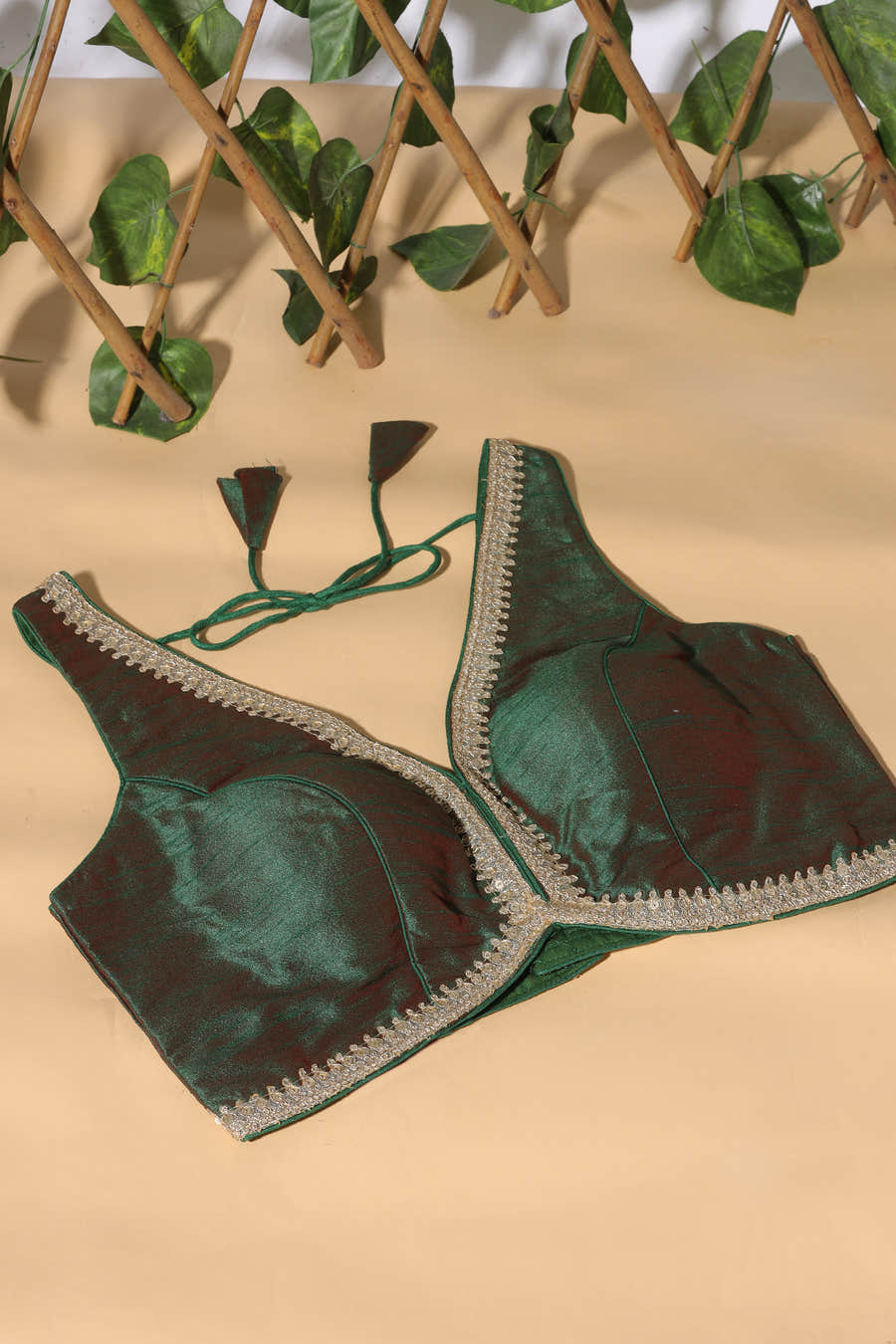 Green & Maroon Dual-Tone Tussar Silk Zari And Sequins Embroidered Readymade Blouse
