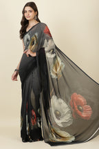 Black Georgette Floral Printed Saree