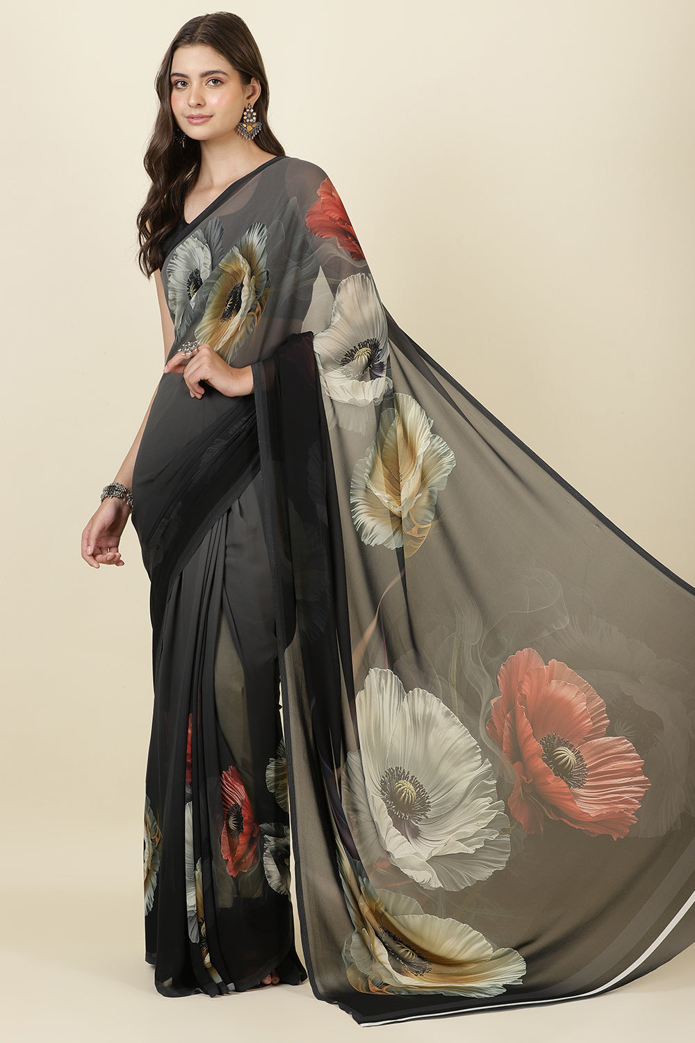 Black Georgette Floral Printed Saree