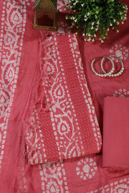 Pink Cotton Printed And Resham Embroidered Unstitched Suit Material