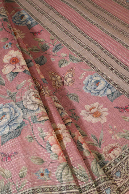Dusty Pink Floral Printed Metallic Tissue Saree