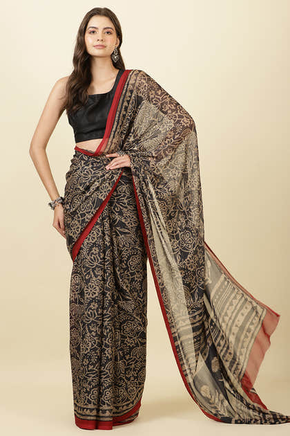 Black  Chiffon Floral Printed Saree