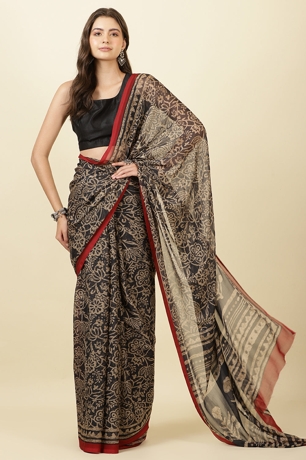 Black  Chiffon Floral Printed Saree