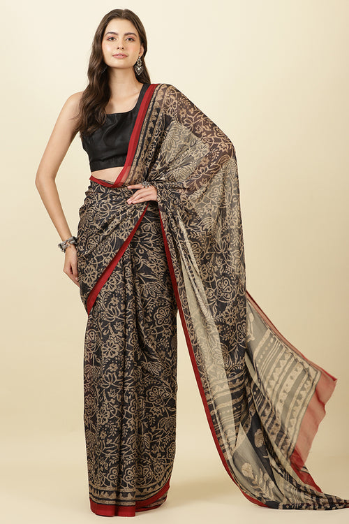 Black  Chiffon Floral Printed Saree